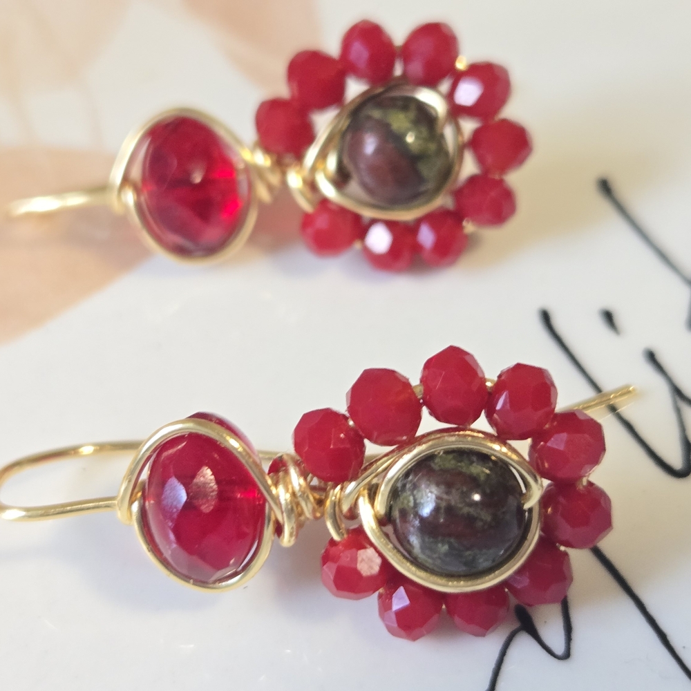 Vibrant Red and Gold Beaded Earrings
